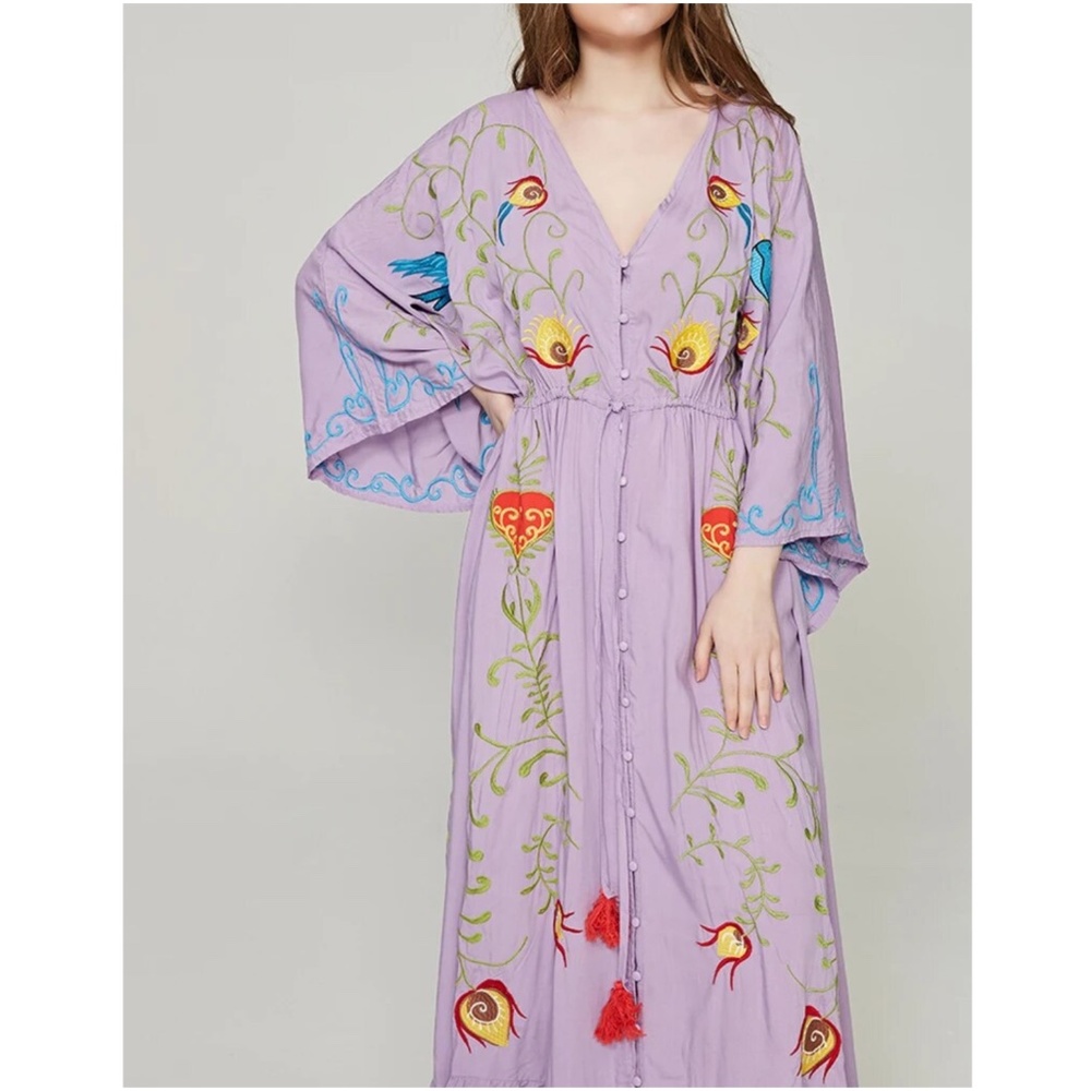 Boho Embroidered Hearts Floral Birds Long Maxi Kimono Dress